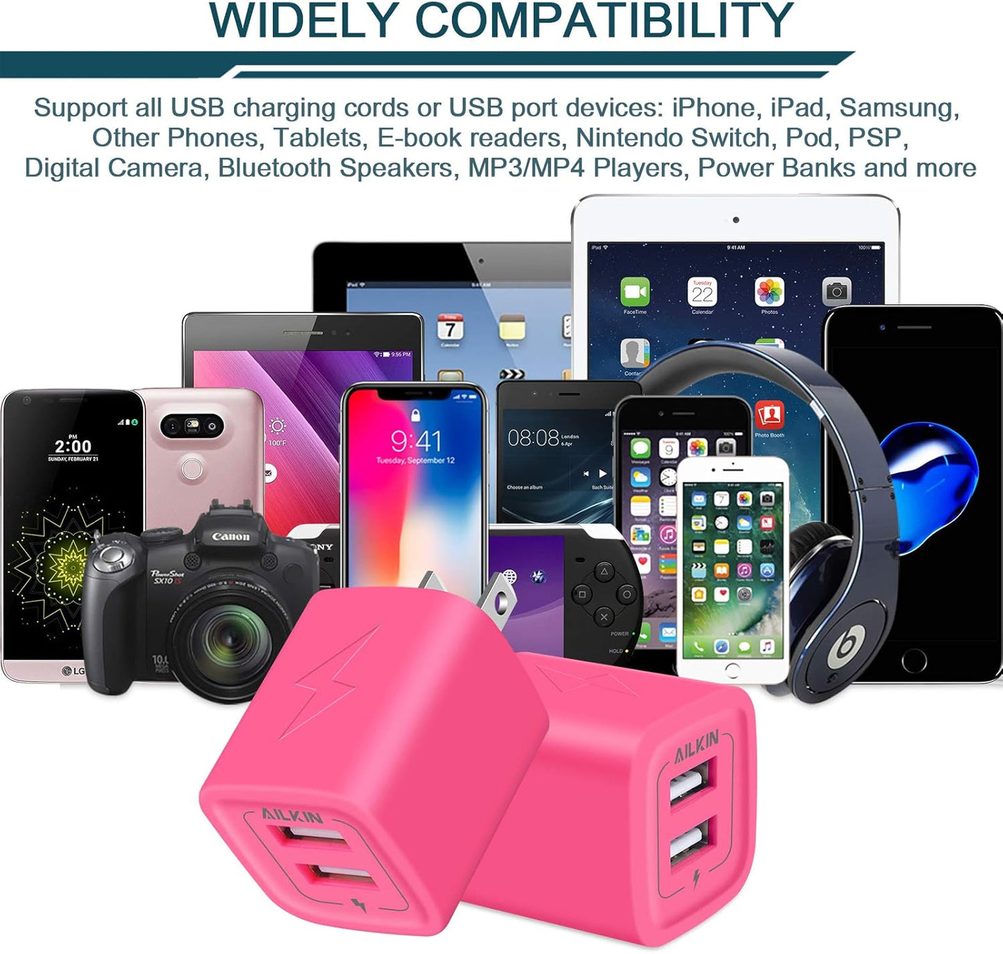 Wall Charger, USB Plug Fast Charging Block Power Adapter Cube 2 Port | USB Charge Travel Brick Cell Quick Chargers Box for Iphone Samsung Galaxy USB Box Base Brick