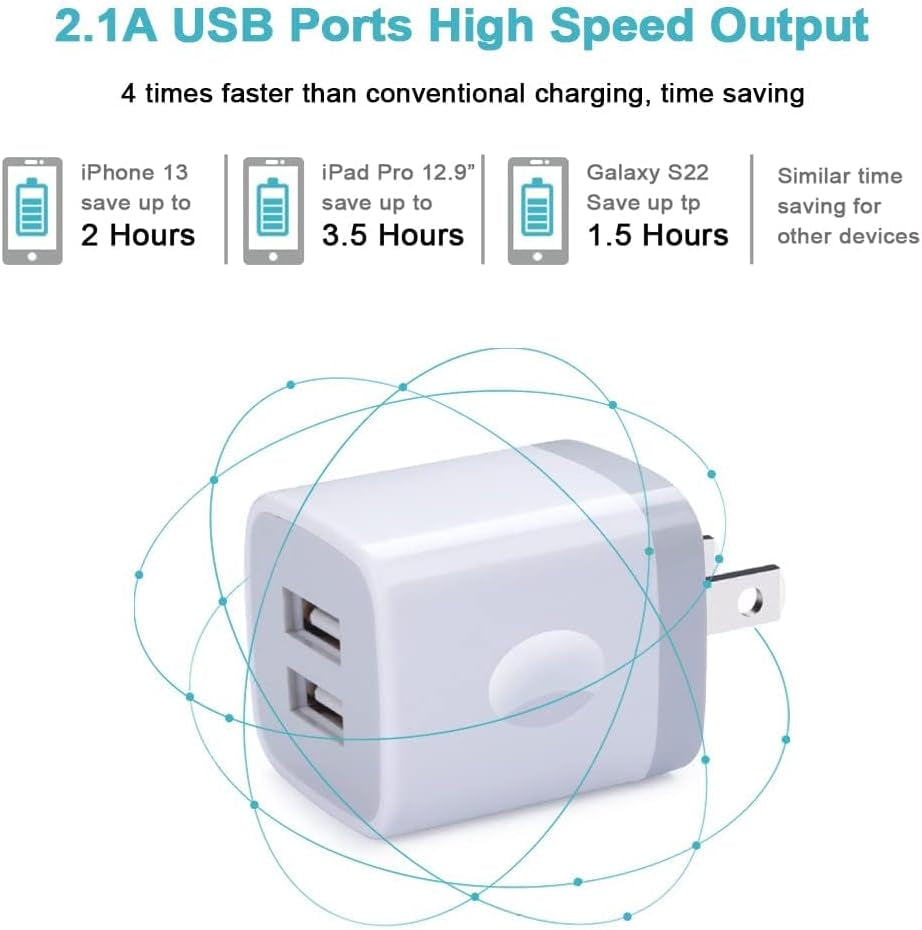 Charger Block, USB Wall Charger, Double USB Fast Charging Cube Block Charger Box, 2.1A Phone Chargerr Power Adapter 3Pack for Iphone 17 16 15 14 13 12 11 Pro Max XS XR X 8 Samsung Galaxy S25 Ultra A17